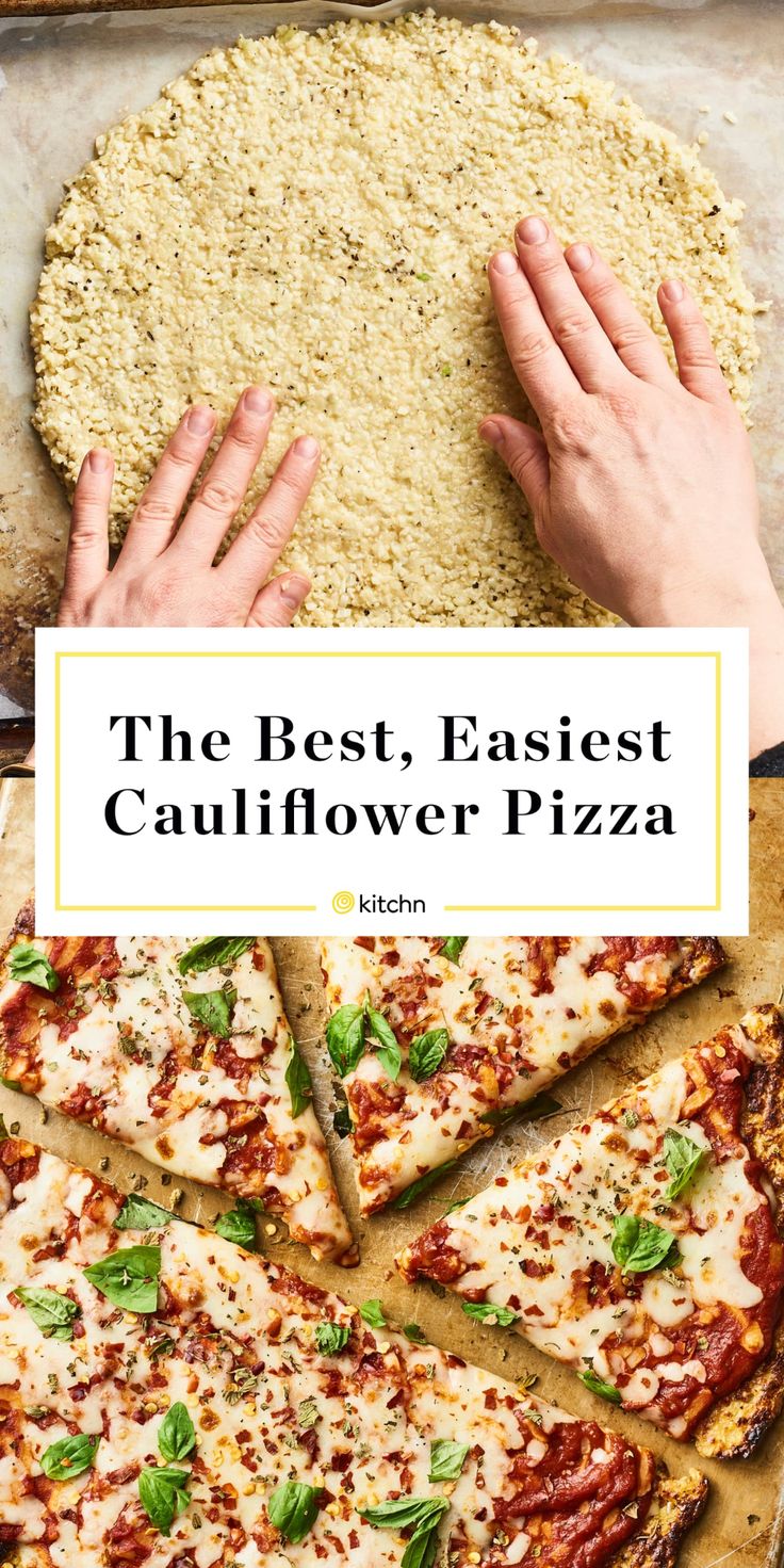 the best, easyest cauliflower pizza with hands on it and text overlay