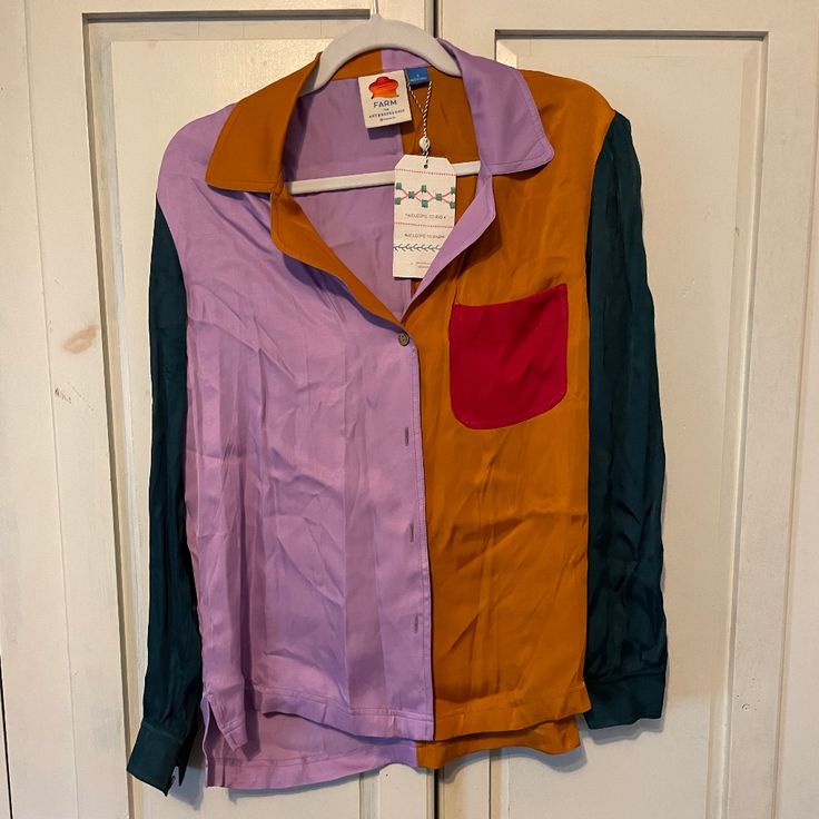 Never Worn Farm Rio Shirt. It's A Little Wrinkled In The Pictures But Will All Steam Out Beautifully Before It Is Shipped! Size Small. Color Block Button-up Tops For Work, Workwear Color Block Button-up Top, Color Block Button-up Work Shirt, Lavender Button-up Top For Fall, Workwear Color Block Button-up Shirt, Purple Relaxed Fit Blouse With Buttons, Purple Relaxed Fit Button Blouse, Purple Long Sleeve Shirt For Fall, Purple Collared Top For Fall