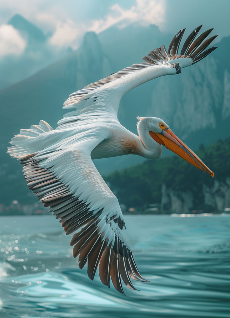 a large white bird flying over the ocean with mountains in the backgroup