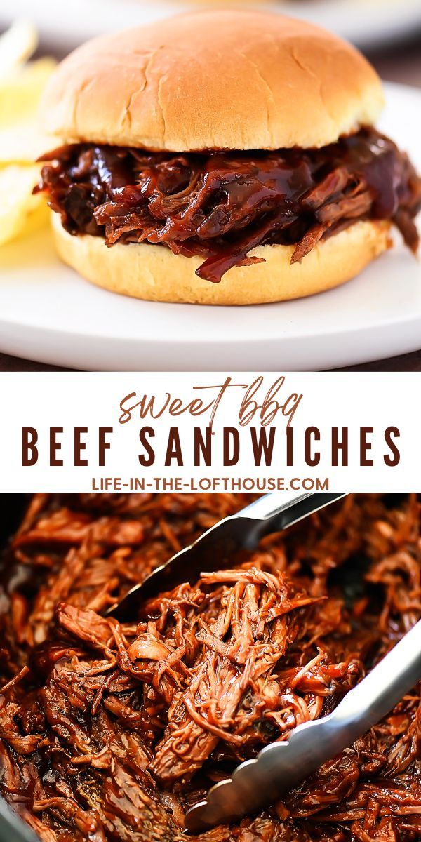 two pictures with the words sweet bbq beef sandwiches on them and an image of a sandwich being cut in half