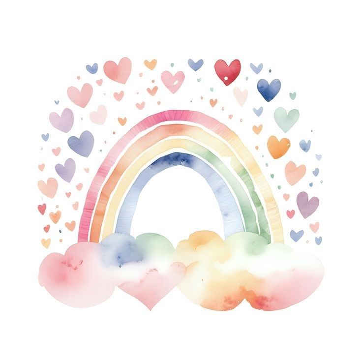 a watercolor rainbow with hearts and clouds