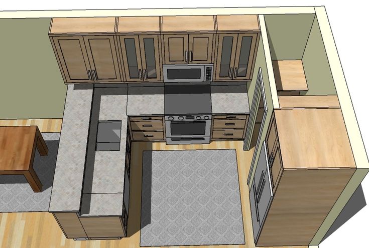 an overhead view of a kitchen and dining room