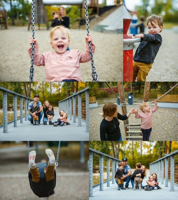 a collage of photos with children playing on swings