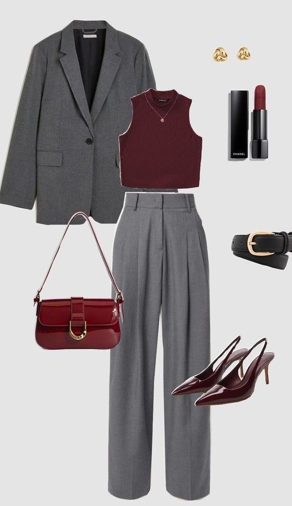 Gray Clothes Aesthetic, Gray And Burgundy Outfit, Gray And Red Aesthetic, Gray And Red Outfit, Burgundy And Grey Outfits, Grey And Red Outfits, Red And Gray Outfit, Burgundy Outfit Ideas, Red Bag Outfit