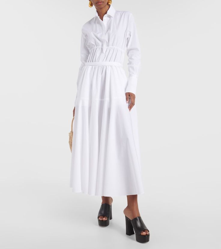 Cotton Shirt Dress With Belted Cuffs, Cotton Button-up Belted Midi Dress, Cotton Button-up Midi Dress With Belt, Belted Collared Shirt Dress In Cotton, Cotton Belted Shirt Dress For Office, Classic Cotton Midi Dress For Office, Elegant Cotton Shirt Dress With Button Closure, Cotton Shirt Dress With Belted Cuffs For Work, Chic Cotton Belted Daywear Dress