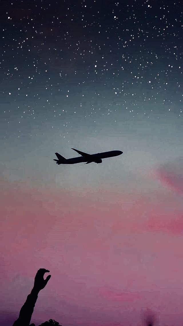 an airplane flying in the night sky with stars above it and a silhouette of a dinosaur