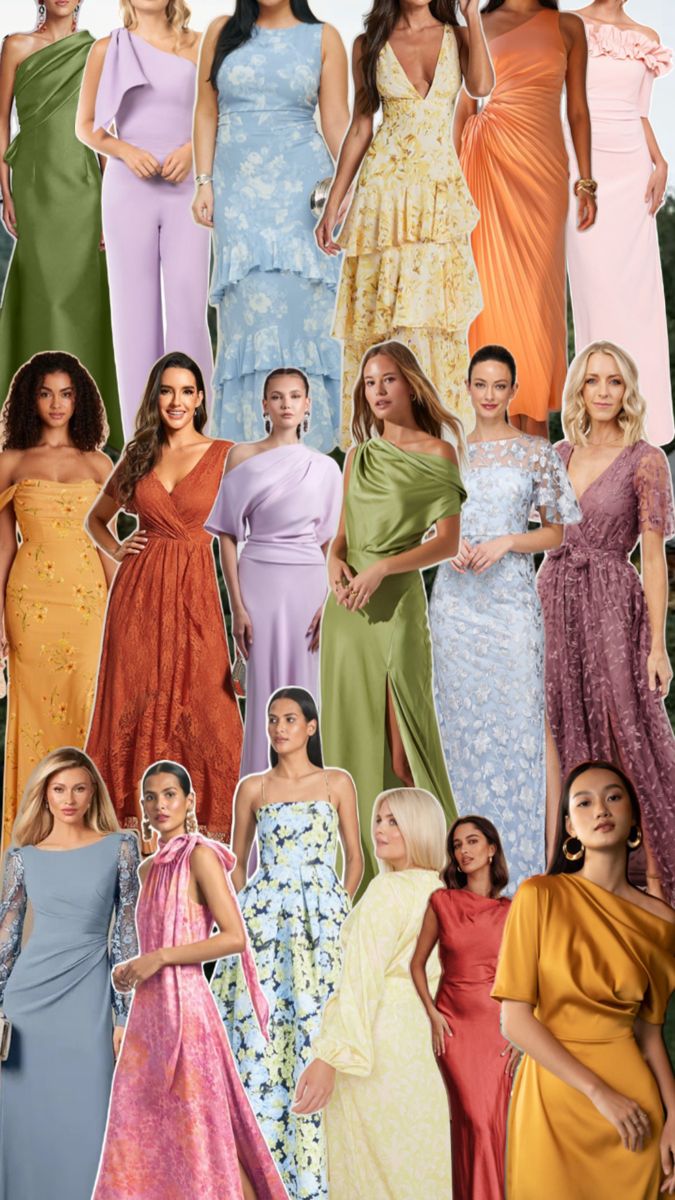 a collage of women in different dresses and hair styles, all from the same color