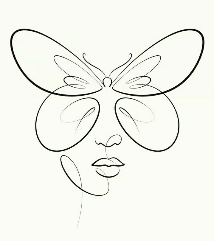 a line drawing of a woman's face with butterfly wings on her eyes and nose