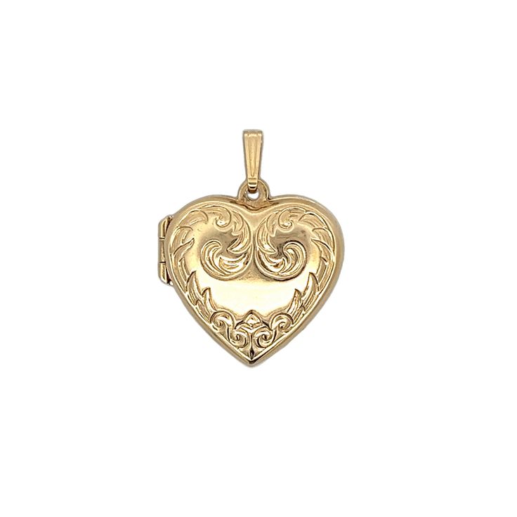 Vintage Mid-Century Heart Locket in 14k Yellow Gold This mid-century heart locket pendant is crafted in polished 14 karat yellow gold, featuring engraving that highlights its intricate design. The heart-shaped locket opens to reveal a compartment ideal for holding cherished mementos. The warm hue of the polished yellow gold complements various styles, making it a versatile addition to your jewelry collection. Whether worn alone or layered with other pieces, this vintage-inspired locket keeps treasured memories close. CHARACTERISTICS Measurements: 1.25 inches in length x 1 inch wide Era: Mid-Century/Vintage Composition: 14 Karat Yellow Gold Total Gram Weight: 4.0 g Inscription: 585 -- ALL PIECES ARE SUBJECT TO PRIOR SALE DUE TO HAVING A RETAIL LOCATION. -- 30-DAY RETURN POLICY FREE SHIPPING Heirloom Yellow Gold Locket Necklace With Heart Charm, Heirloom Yellow Gold Heart Charm Locket Necklace, Gold Heart Locket Necklace For Formal Occasions, Classic Yellow Gold Locket Necklace With Heart Charm, Classic Heart Shaped 14k Gold Locket Necklace, Classic 14k Gold Heart Locket Necklace, Heart-shaped 14k Yellow Gold Locket Necklace, Elegant Heart-shaped Yellow Gold Locket Necklace, Heart Shaped 14k Yellow Gold Locket Necklace