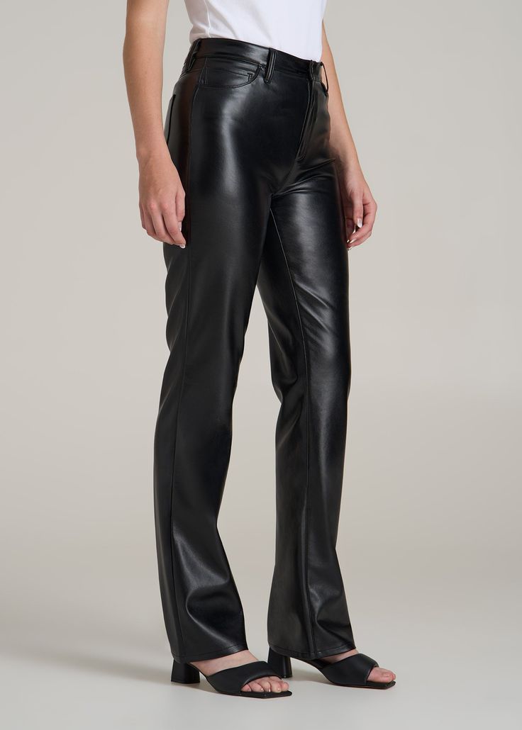 Faux Leather Pants for Tall Ladies Look Sleek and Sophisticated Turn heads and stand out in our Faux Leather Straight Leg Women's Tall Pants, made for the tall woman with a flair for drama. These pants combine a polished look with practical features like a functional button, fly zipper, and five pockets. The straight leg design enhances your longer silhouette, making these tall women's pants perfect for a bold day at the office or a night out on the town.• Sleek faux leather for a chic, polished Pants For Tall Women, Faux Leather Straight Leg Pants, Women In Black, Leather Pants Women, Tall Pants, Leg Design, Tall Women, Faux Leather Pants, Polished Look