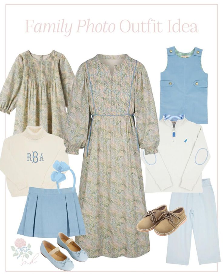 the family photo outfit idea includes dresses, shoes, and clothing for babies to wear