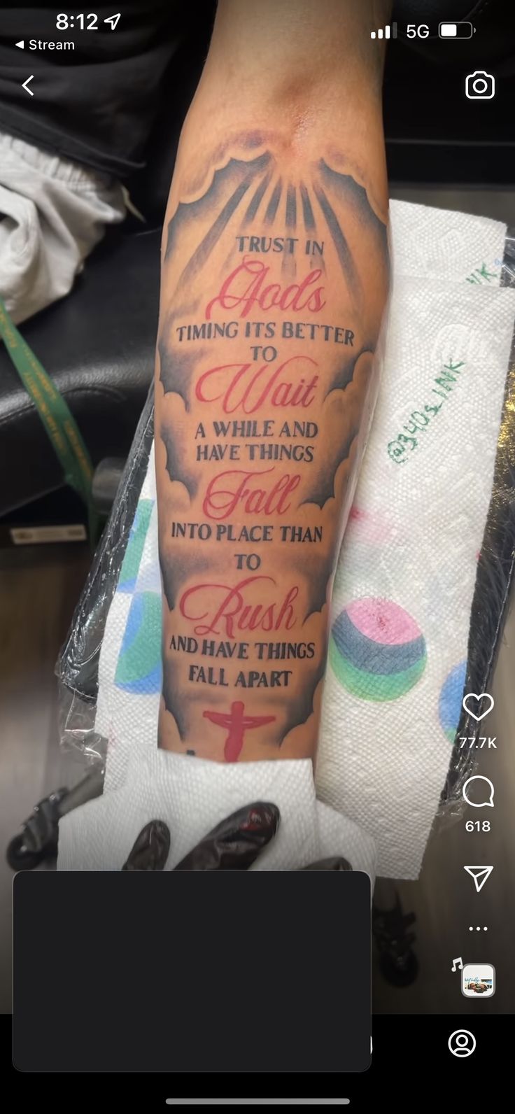 a person with a tattoo on their arm that says trust in god's time to better