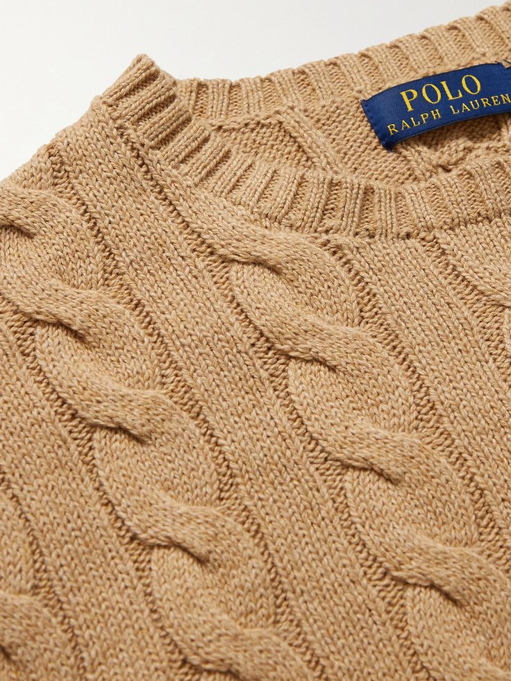 Polo Ralph Lauren's sweater is knitted in a comfortable fit from smooth cotton using a classic cable stitch that gives it weight and visual interest. The neutral camel tone contrasts well with the navy polo player logo. Ralph Lauren Cable Knit Sweater, Polo Cable Knit Sweater, Cable Knit Polo Sweater, Tennis Sweater, Ralph Lauren Logo, Ralph Lauren Sweater, Wardrobe Edit, Ralph Lauren Collection, Stylish Mens Outfits