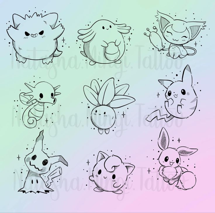 some cute little pokemons with different expressions on their faces and body, all in black ink