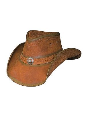 Hideout - Shapeable Leather Cowboy Hat Western Leather Brimmed Hat, Western Hats With Leather Lining And Flat Brim, Western Style Leather Brimmed Hat, Western Style Leather Hat With Short Brim, Brown Leather Fedora For Rodeo, Leather Western Hat With Flat Brim, Western Style Leather Hat With Flat Brim, Brown Riding Hats With Short Brim, Brown Short Brim Riding Hats