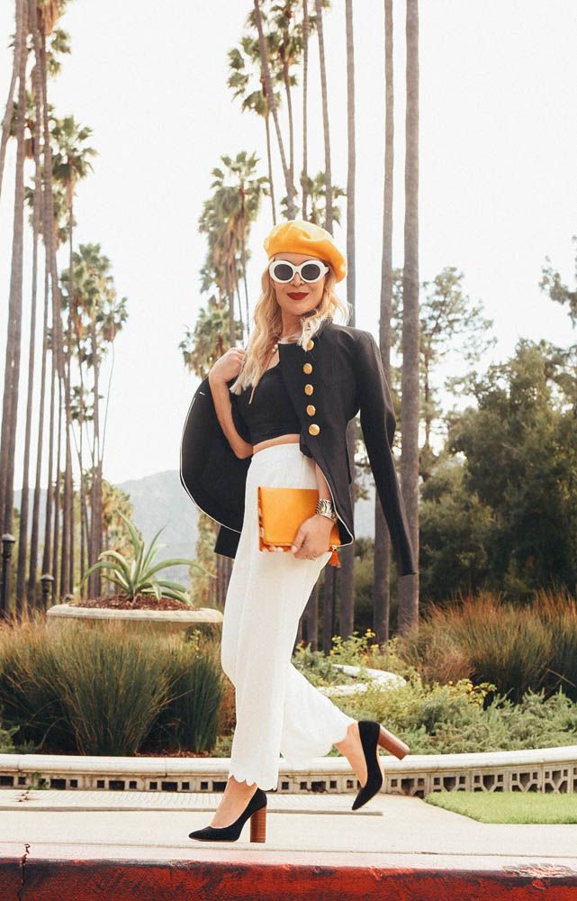 ASOS yellow beret styled by popular Los Angeles fashion blogger, The Hunter Collector Orange Beret Outfit, Yellow Beret Outfit, Yellow Hat Outfit, Yellow Beret, Beret Outfit, Beret Fashion, Spring Fashion Chic, Beret Style, Trendy Spring Outfits