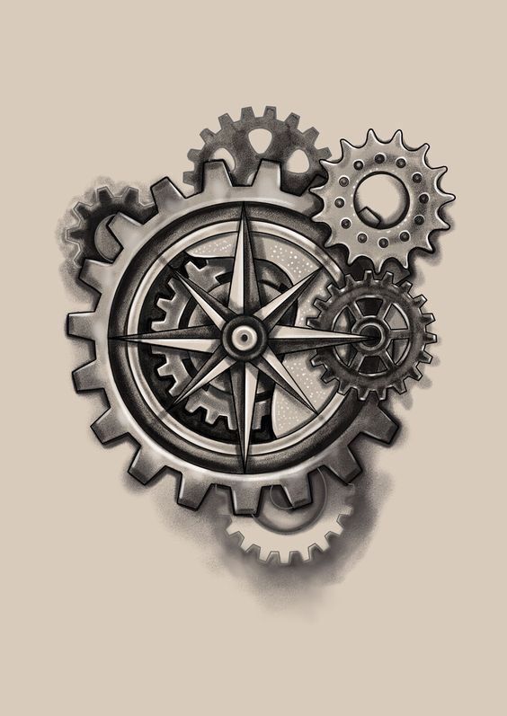 a drawing of gears and wheels on a gray background