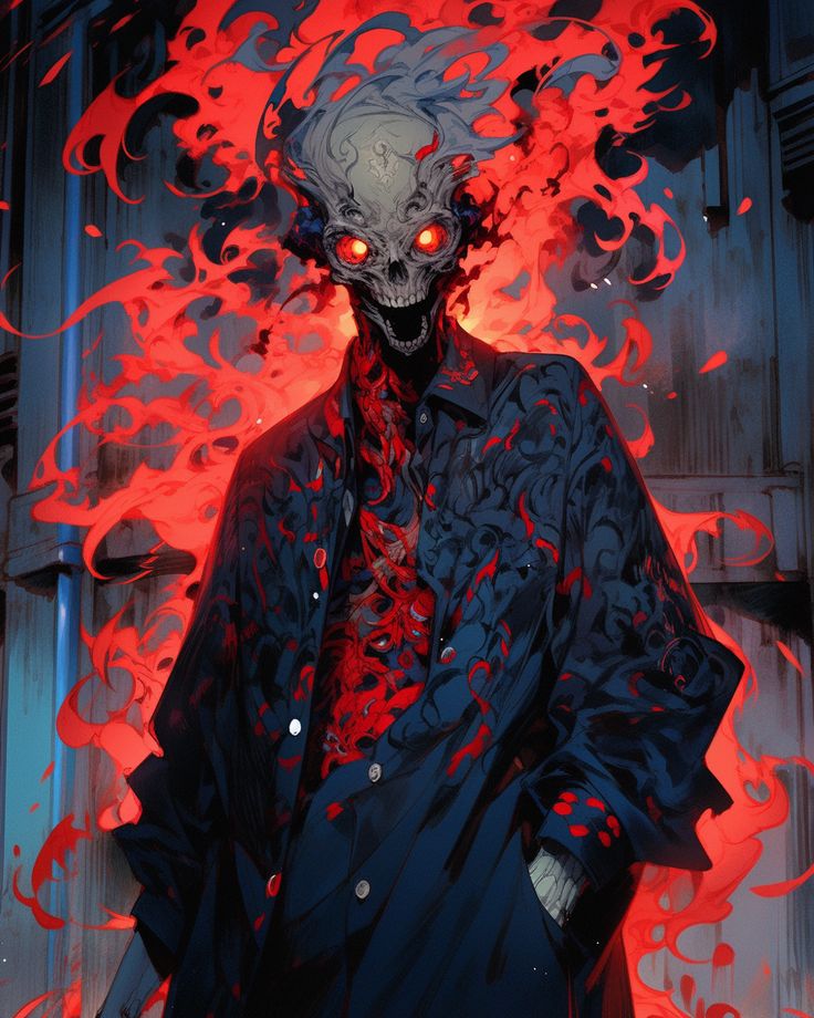 a creepy man with red eyes standing in front of flames