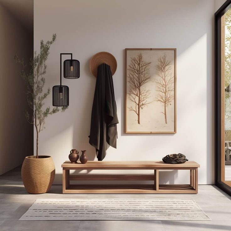 a room with a bench, potted plant and pictures on the wall above it