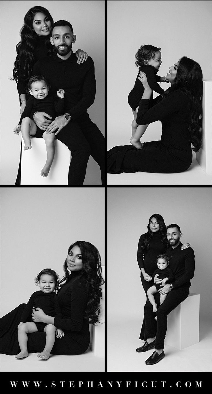 the family is posing for their photos in black and white