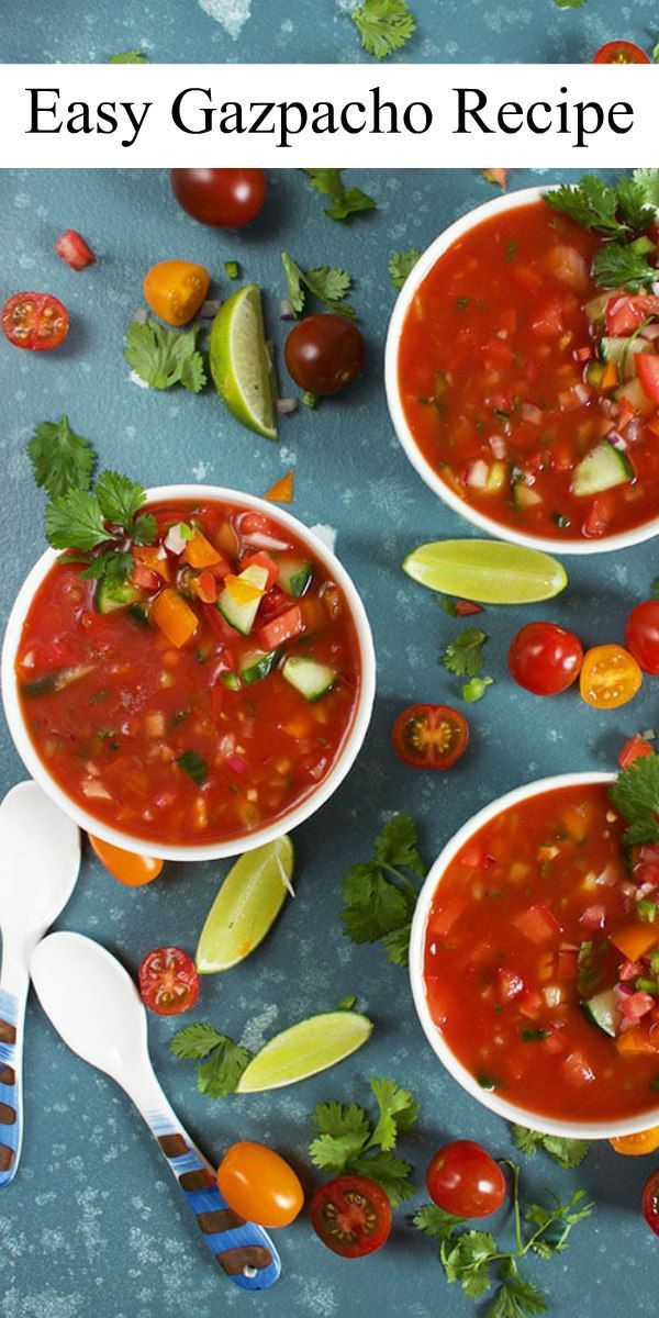 three bowls of easy gazpacho recipe on a table