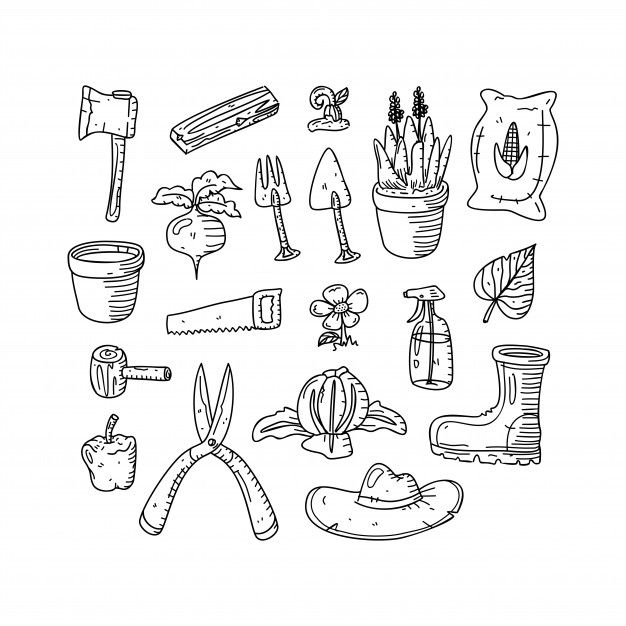 hand drawn gardening items and tools