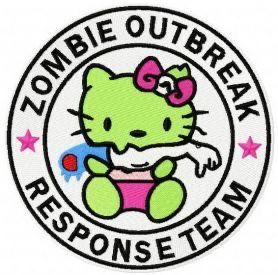 a patch with the words zombie out break and a hello kitty sitting on top of it