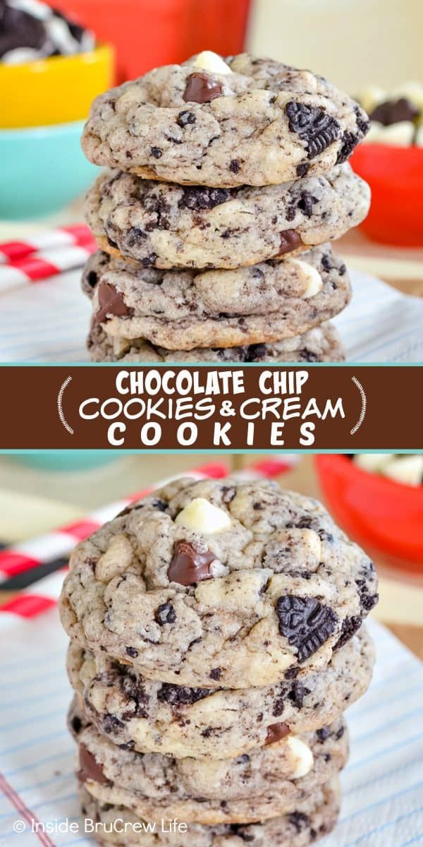 chocolate chip cookies and cream are stacked on top of each other