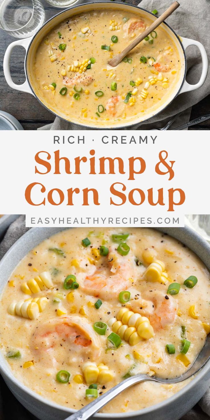 two bowls filled with shrimp and corn soup