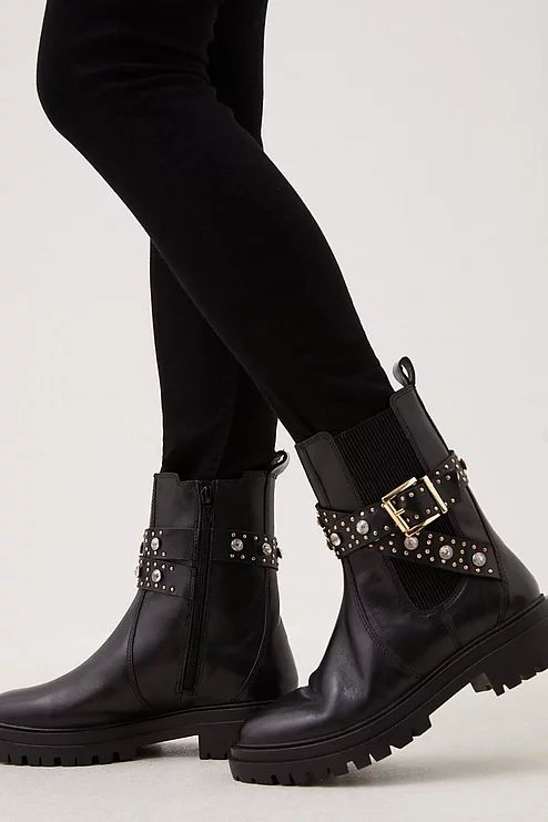 Women's Shoes | Karen Millen US Trendy Embellished Leather Boots, Leather Embellished Boots With Round Toe, Leather Embellished Round Toe Boots, Embellished Round Toe Leather Boots, Trendy Leather Boots With Studded Rubber Outsoles, Fall Leather Boots With Rhinestone Rivets, Leather Boots With Rhinestone Rivets And Round Toe, Fall Leather Platform Boots With Grommets, Pierced Jewelry