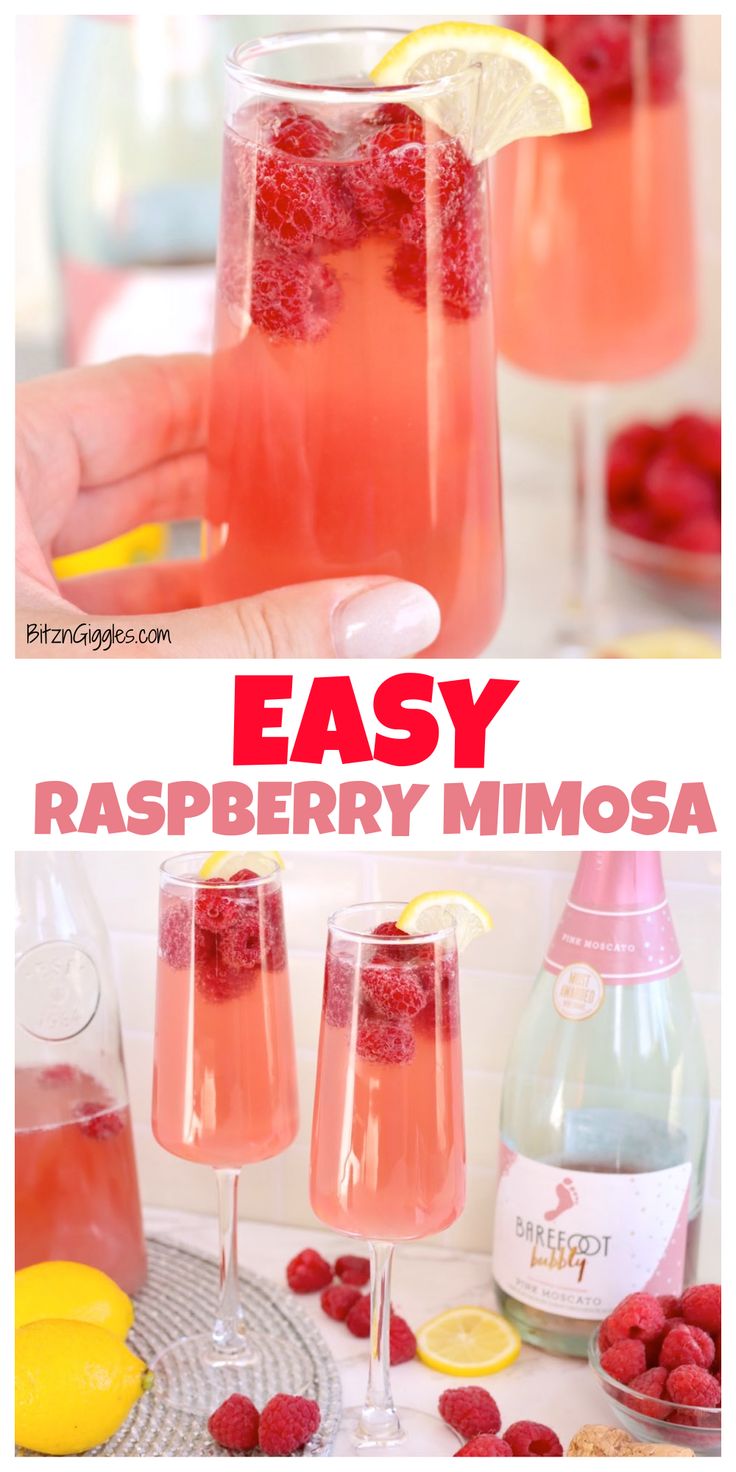 raspberry mimosa in glasses with lemon wedges and strawberries on the rim