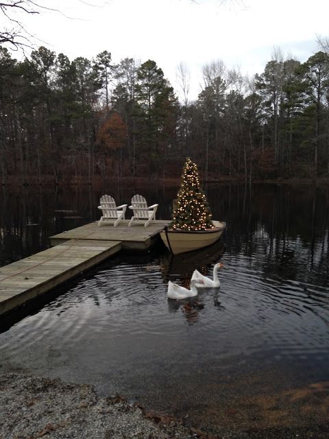 two white swans are in the water near a dock with a christmas tree on it