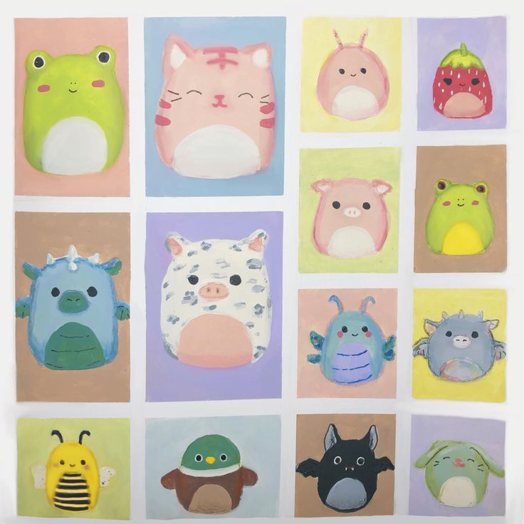 an image of many different animal heads on a white background with pastel squares in the middle