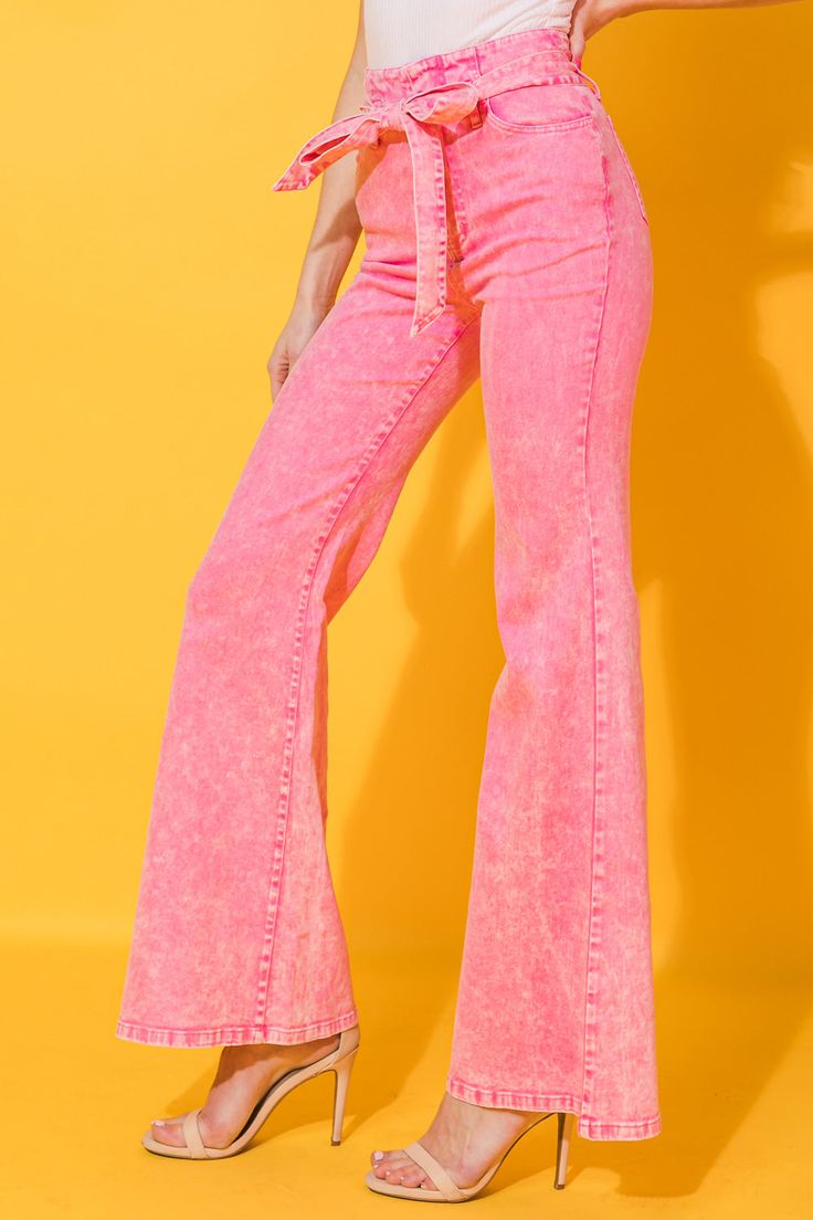 Comfy Cutie Pink Denim Pants are a must-have fashion staple. Crafted with a high-waisted self sash tie and boot cut, the acid washed denim is not only fashionable but comfortable too. Plus, it features practical front and back pockets. Get the perfect blend of style and comfort with these denim pants. Details Self: 97% Cotton 3% Spandex Size & Fit - Model is 5`8" And Wearing Size Small- Measurements Taken From Size Small- Approx. Length: 45" Pink Denim Pants With Five Pockets, Mid-rise Pink Flare Jeans With Five Pockets, Pink Denim Jeans For Spring, Pink Straight Leg Denim Jeans, Spring Pink Denim Jeans, Spring Mid-rise Trendy Flare Jeans, Trendy Mid-rise Flare Jeans For Spring, Pink Flare Denim Bottoms, Pink Denim Flare Jeans With Five Pockets