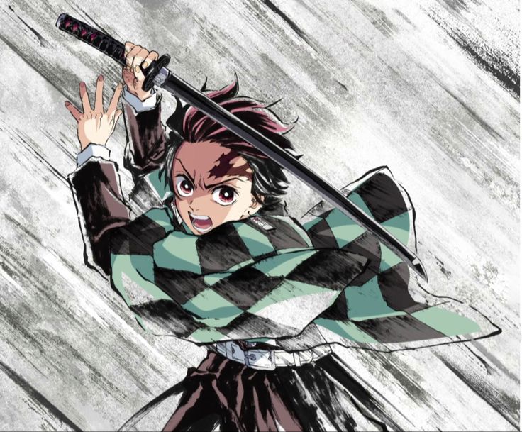 an anime character holding two swords in her hands and wearing a checkered shirt with long sleeves