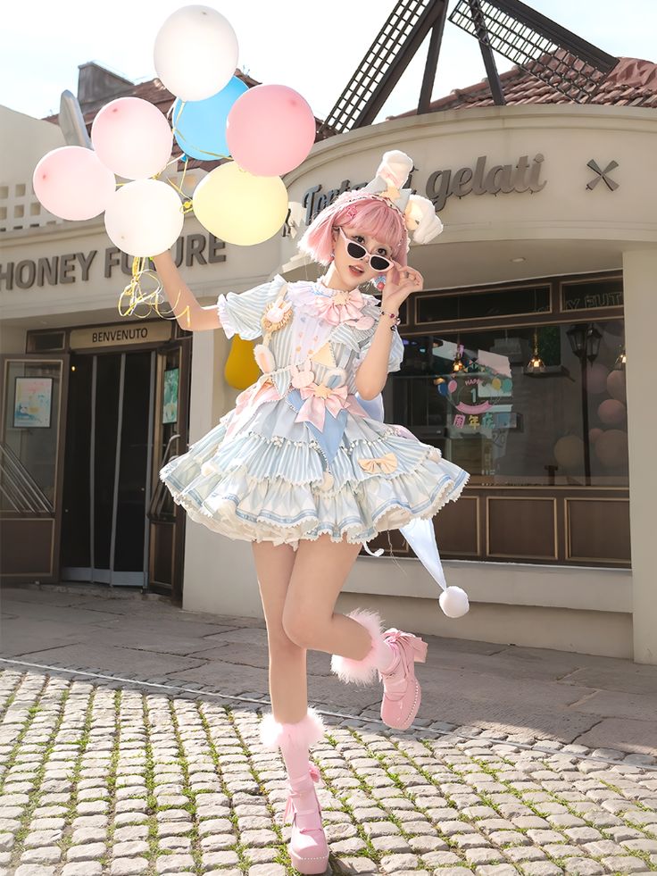 ❤︎Pastel Lollipop Circus Lolita❤︎ Lollipop Outfit, Halloween Fairy Kei Costume Dress, Pastel Lollipop, Candy Outfit, Fairy Kei Dress With Ruffles And Fitted Style, Ice Cream Dress, Summer Fairy Kei Cosplay Dress, Circus Dress, Pink Fairy Kei Mini Dress