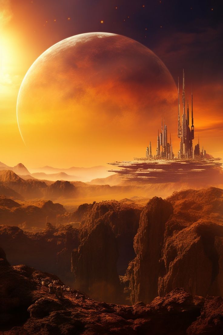 an alien landscape with a castle in the distance