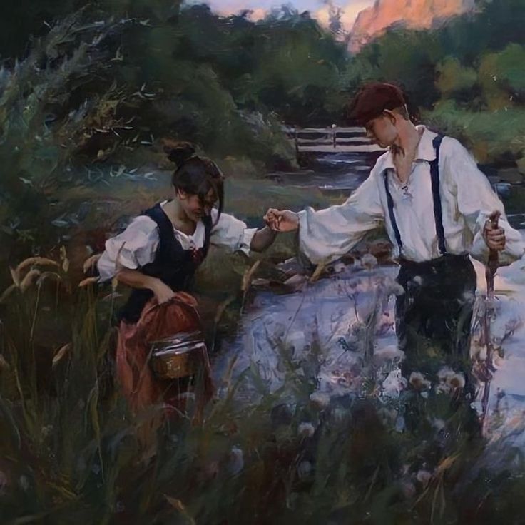 a painting of two people standing next to each other in the grass near a river