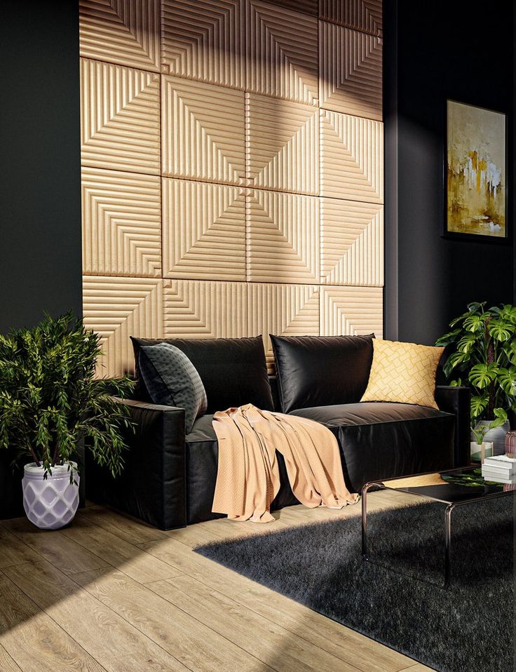 a living room with black leather furniture and wood paneling on the wall behind it