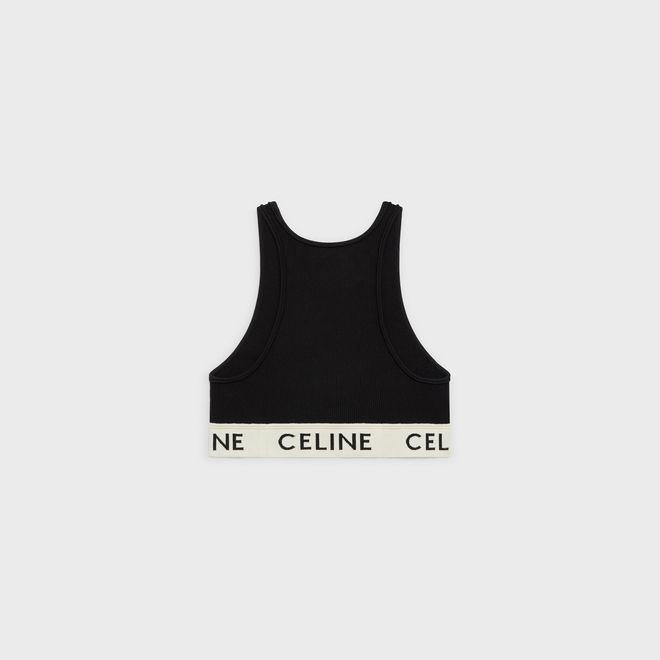 CELINE SPORTS BRA IN ATHLETIC KNIT - BLACK / CREAM - 2A68L372N.38CR | CELINE Sporty Cropped Top With Ribbed Waistband, Black Cropped Training Tops, Sporty Crew Neck Crop Top With Medium Support, Black Cropped Sports Bra, Sporty Fitted Tops With Ribbed Waistband, Black Cropped Tops For Training, Casual Black Cropped Sports Bra, Sporty Black Cropped Sports Bra, Sporty Cropped Black Sports Bra