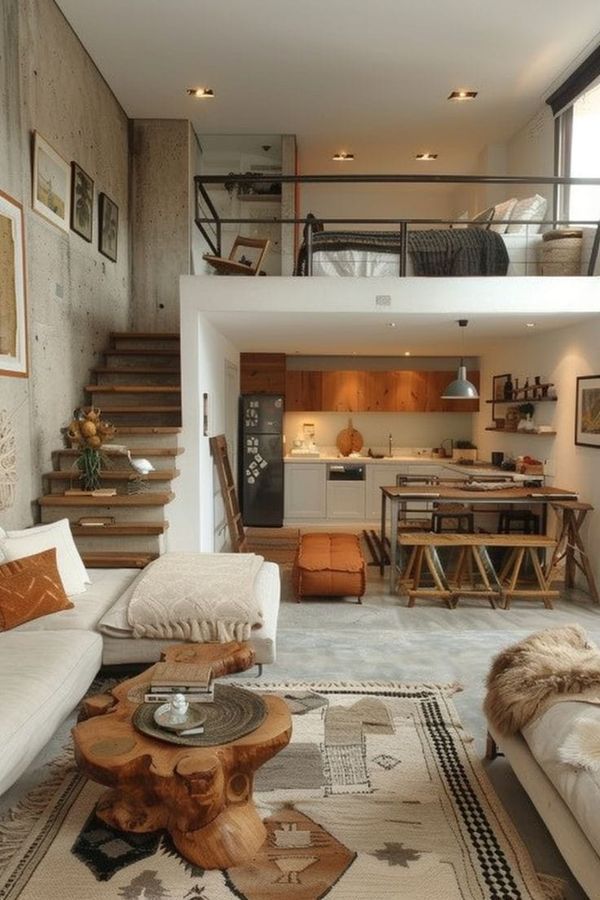 a living room filled with furniture next to a stair case and wooden table on top of a rug