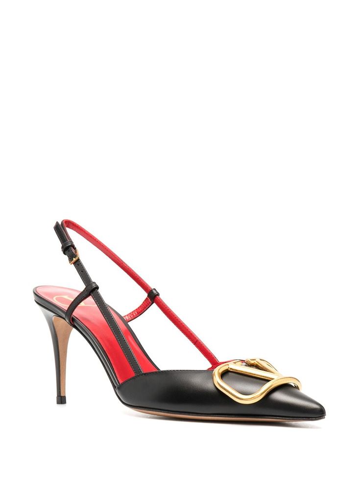 Valentino Garavani Metal Logo Pointed Toe Pumps - Farfetch Valentino Pumps, Estilo Chic, Leather Cap, Boot Pumps, Metal Logo, Slingback Pump, Beach Tote Bags, Sneaker Heels, Emilio Pucci