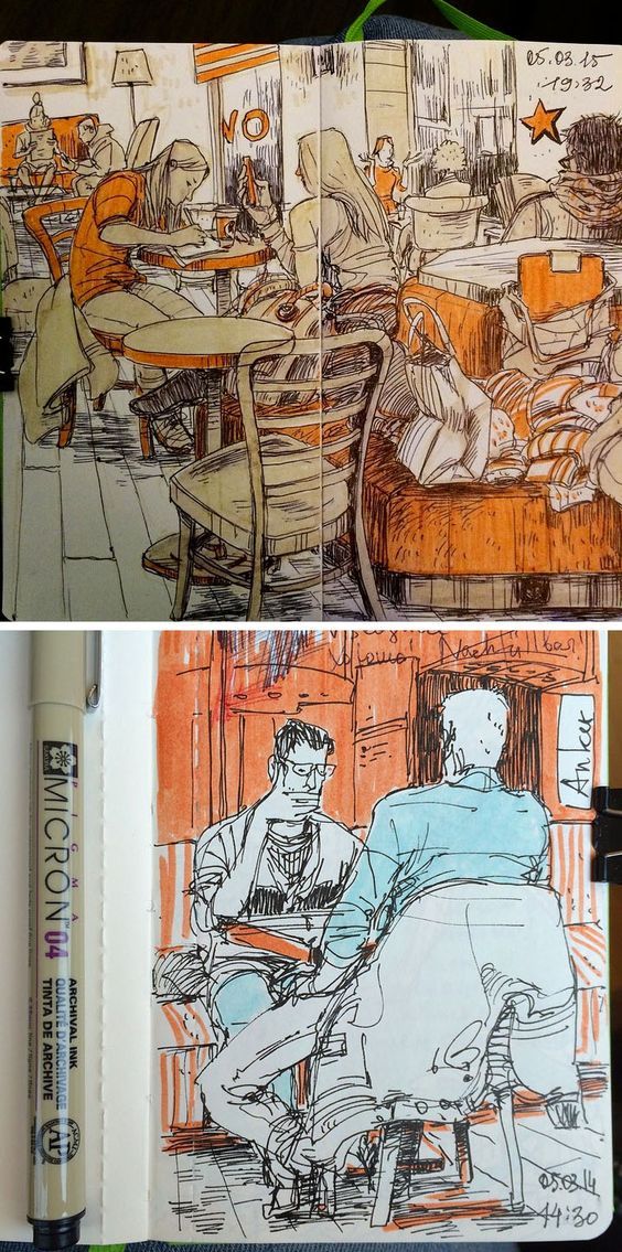 an open sketchbook with two pictures of people sitting at a table and one is drawing