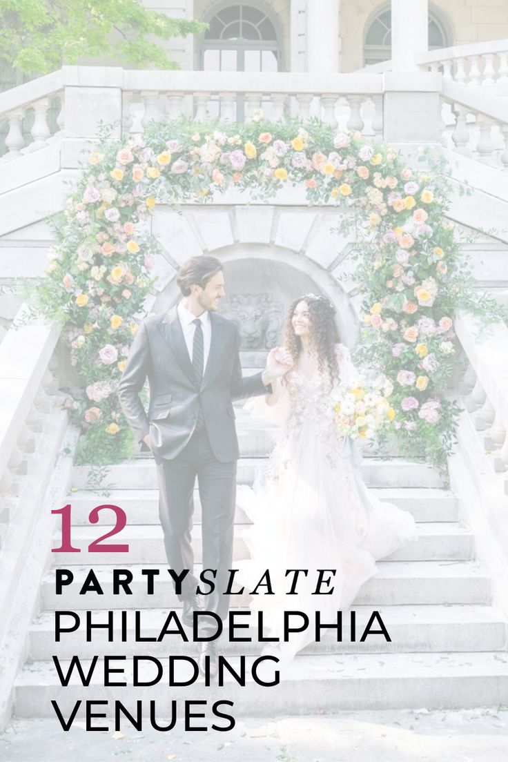 two people in formal wear walking down some stairs with flowers on the steps and text that reads, 12 party slate philadelphia wedding venue