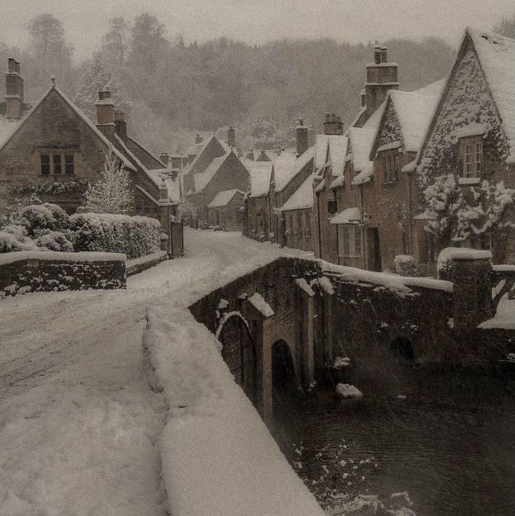 a snowy street lined with houses next to a small river in the middle of winter