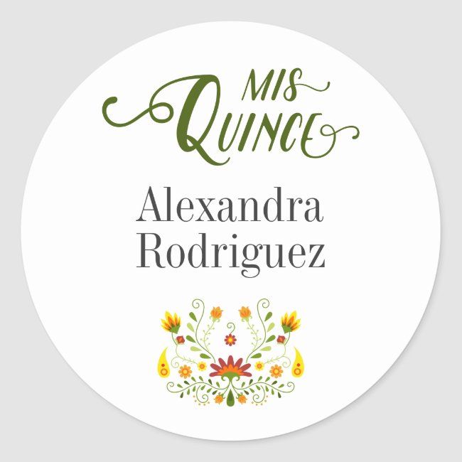 a round sticker with the words miss quince and an image of flowers on it