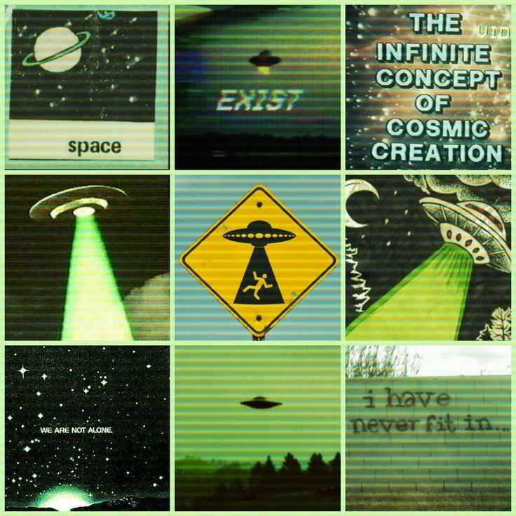 the collage shows different types of space related items in green, black and white