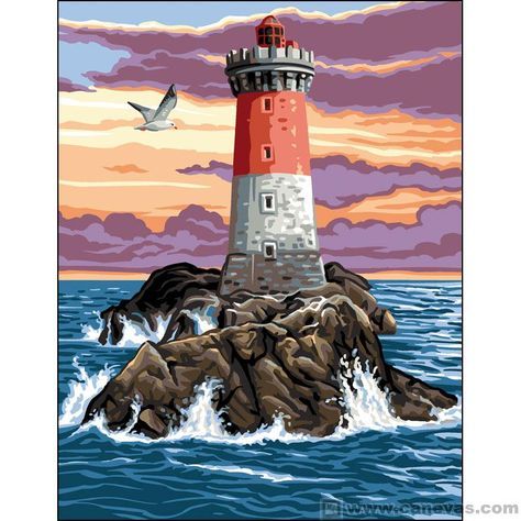 a cross stitch lighthouse on top of a rock in the ocean with a bird flying over it