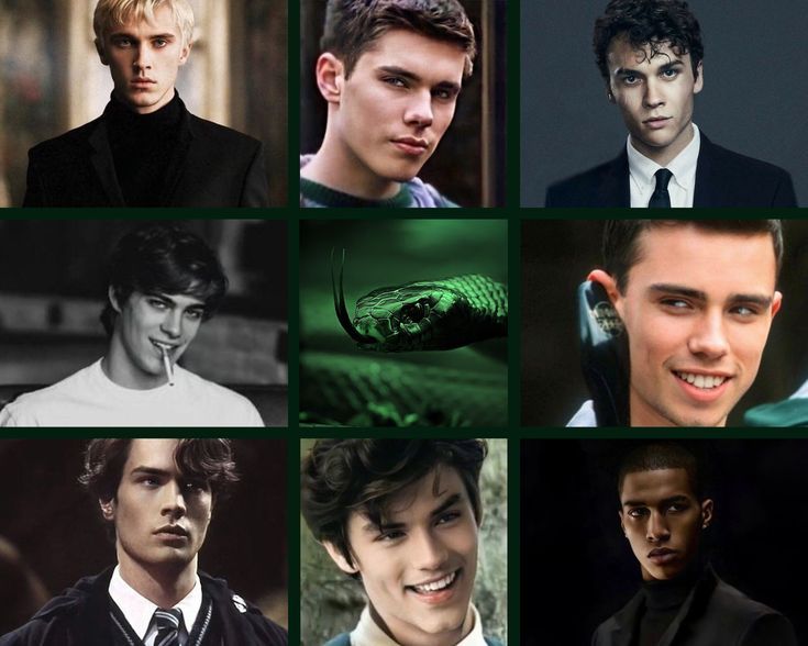 many different pictures of young men in black suits and ties, one with a green snake on his head