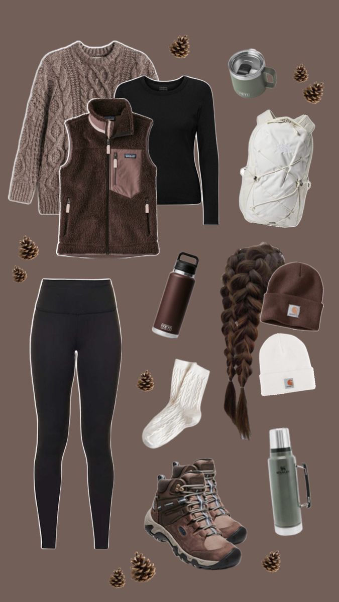 the contents of a woman's winter outfit including boots, sweaters and hats